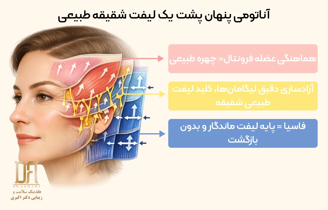 آناتومی لیفت شقیقه شامل فاسیای تمپورال سطحی و عمقی، لیگامان‌های نگهدارنده و عضلات فرونتال و تمپورال در یک لیفت شقیقه طبیعی